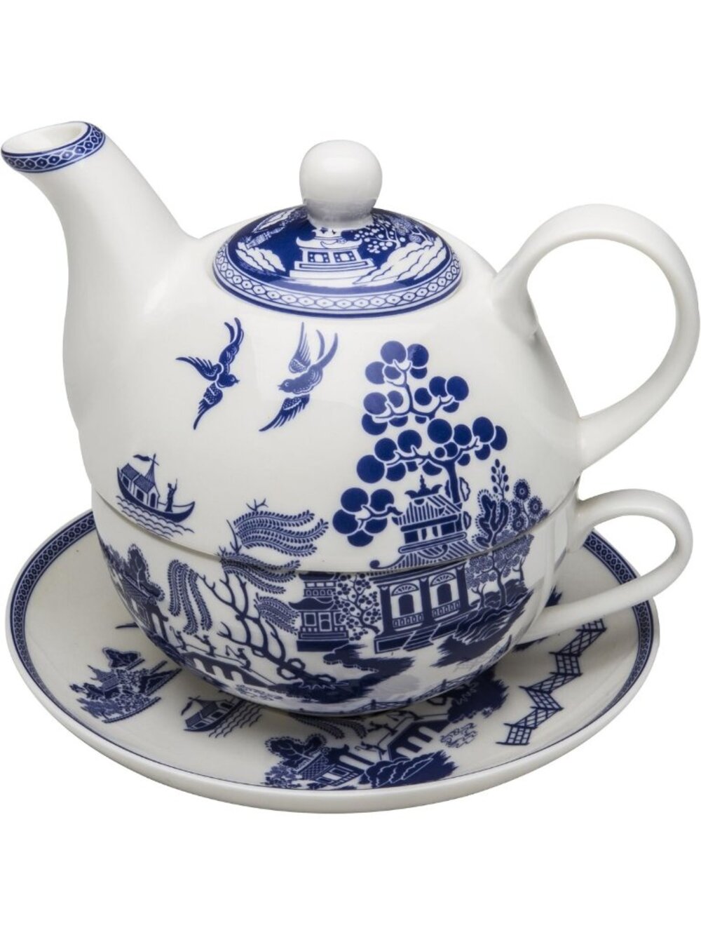Charming 4-Piece Porcelain Tea Set for One - Blue Willow Design, Perfect Gift